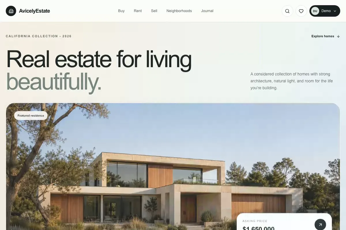AvicelyEstate marketplace home page with a featured villa listing and asking price card