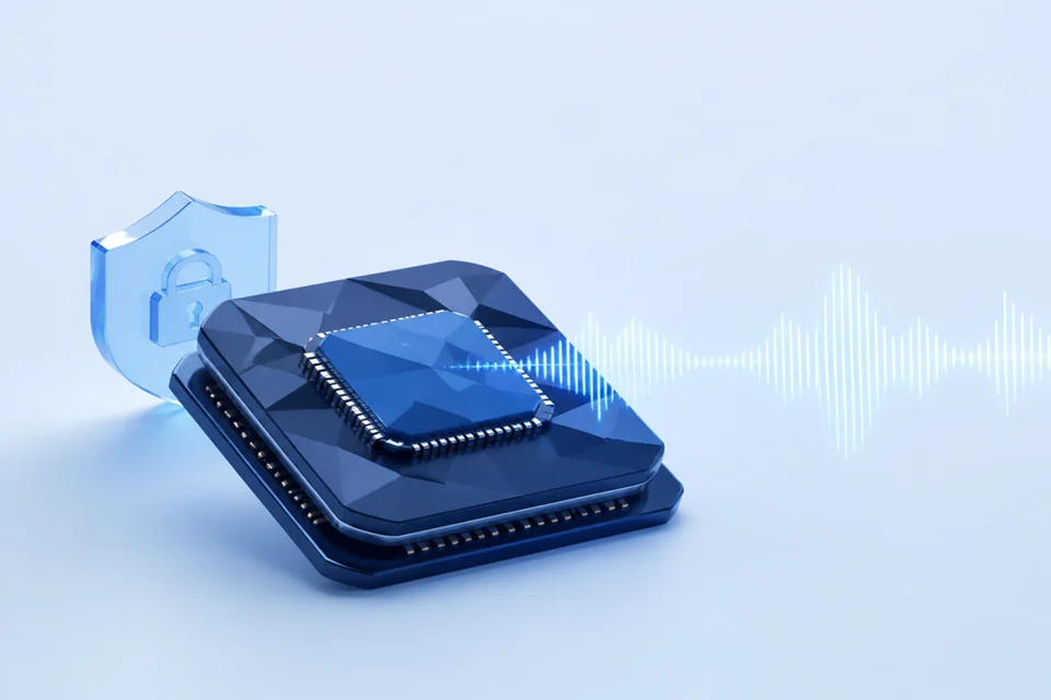 Render of a blue AI chip beside a padlock shield with a sound wave passing through