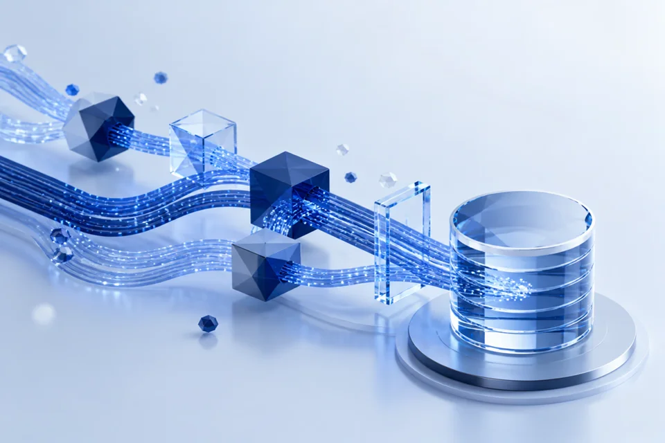 Render of glowing data streams flowing through glass blocks into a database cylinder