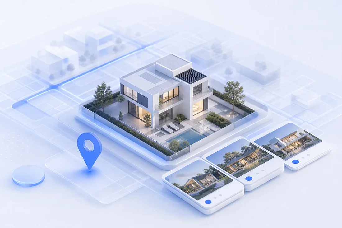 Modern villa connected to a property discovery map and listing cards
